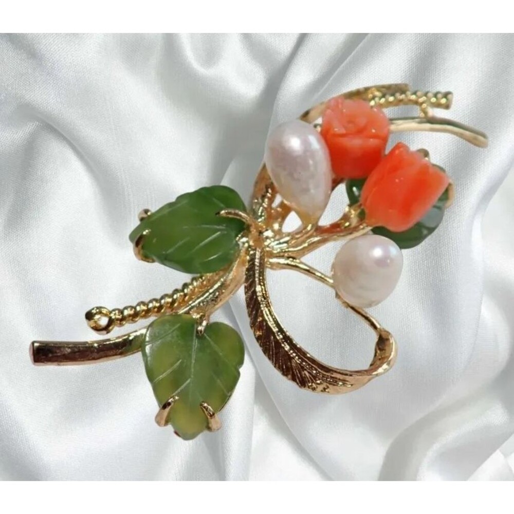 Pink Coral Pearls & Green Jade Leaves Brooch Floral Spray Faux Fashion VTG Pin